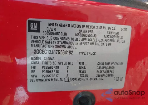 2007 Chevrolet Silverado 1500 Lt1 from USA, damaged, VIN 3GCEC13J87G534182